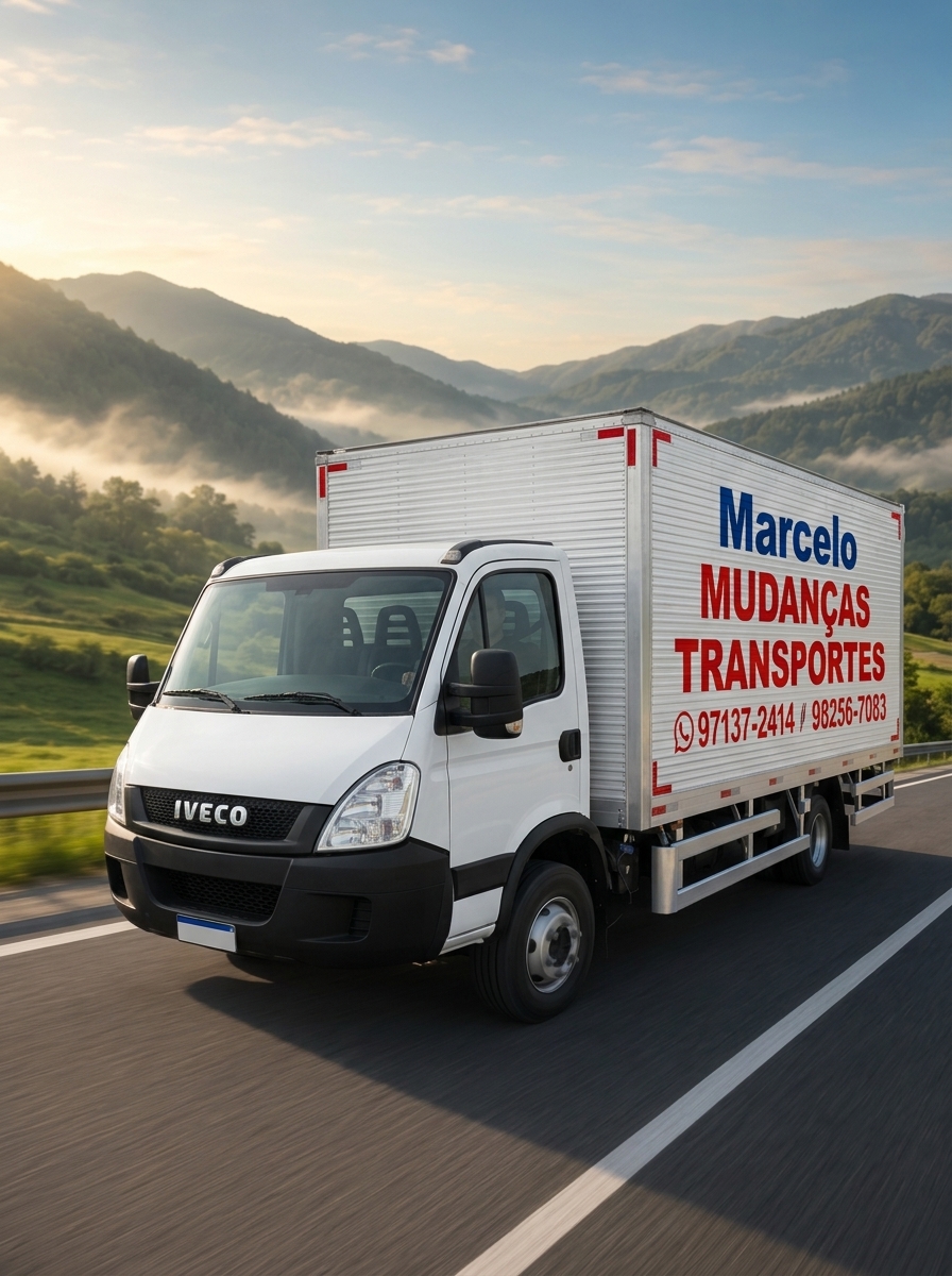 Caminhão de baú branco da MARCELO Mudanças e Transportes